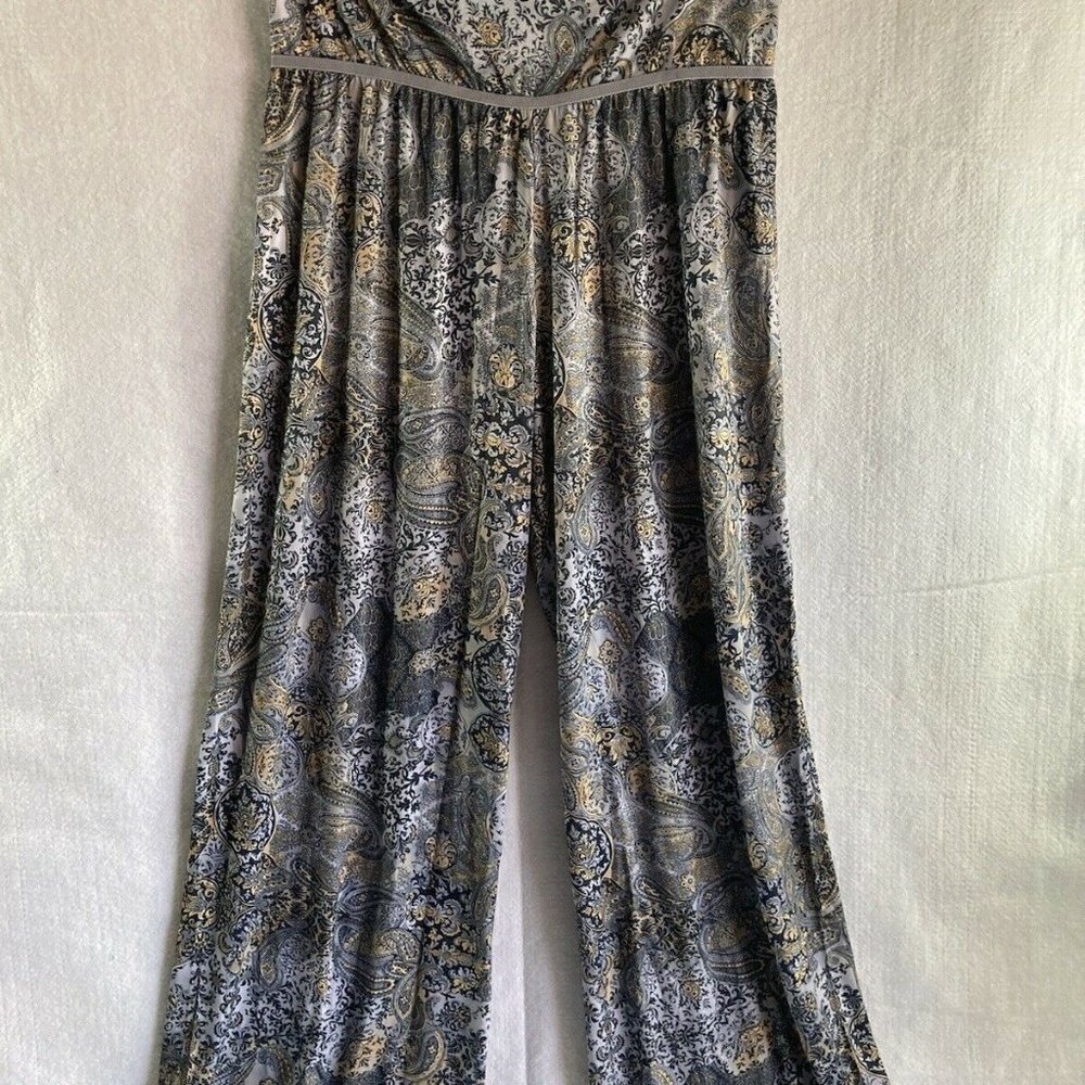 Lbisse palazzo pants paisley gray white wide leg high waist jersey feel L Large